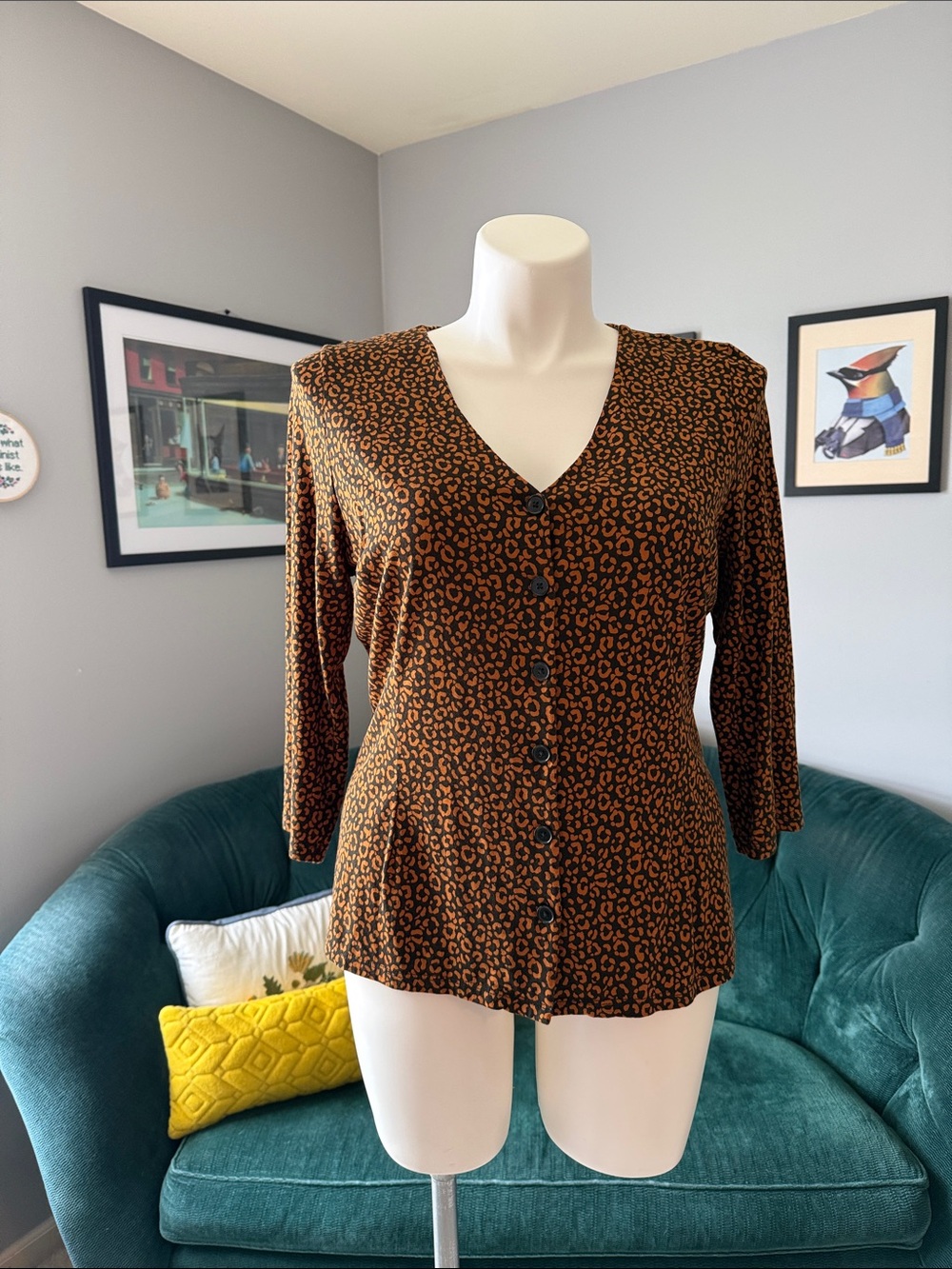 Boden Brown Leopard Print Button-Front V-Neck Top